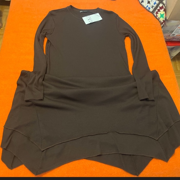 Zara brown long ribbed handkerchief midi dress NWT - Picture 3 of 9